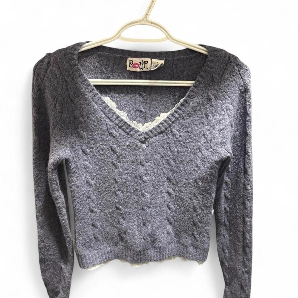 Y2K Preppy Kidcore Lace Cropped V-Neck Sweater Pout